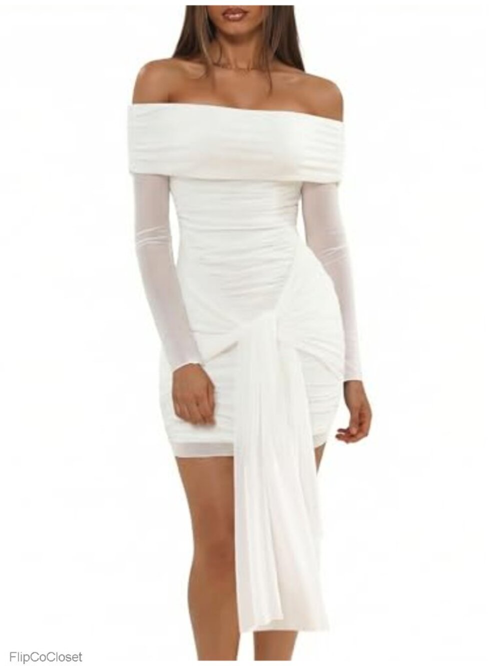 Long Sleeve Off Shoulder Ruched Bodycon Dress for Women Cocktail Party